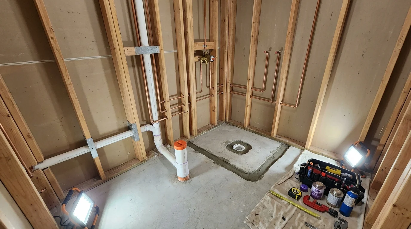 Bathroom rough-in plumbing during remodel by Johns Plumbing LLC in Wheaton