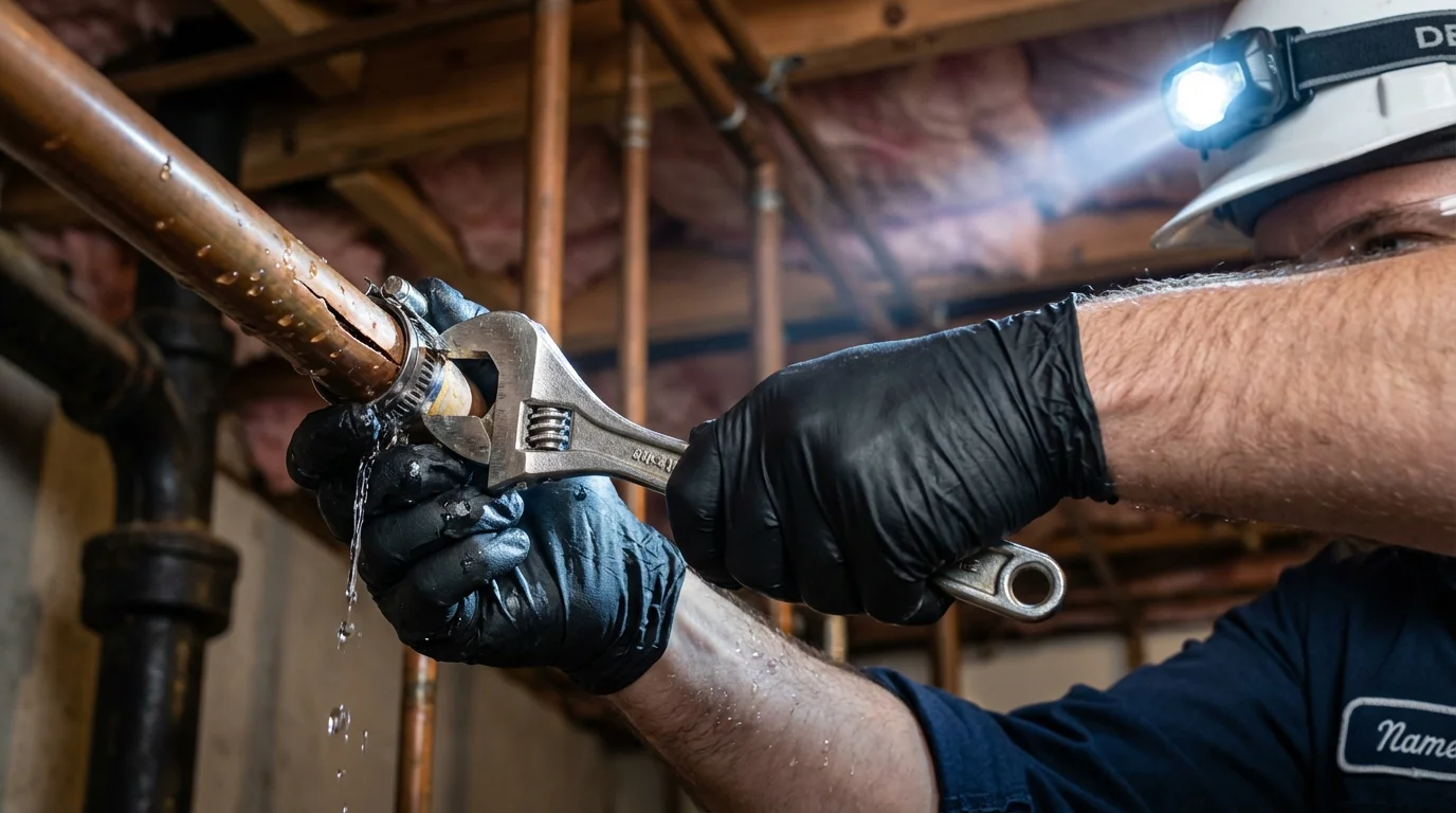 Emergency pipe clamp repair being performed by a Johns Plumbing LLC plumber in Wheaton