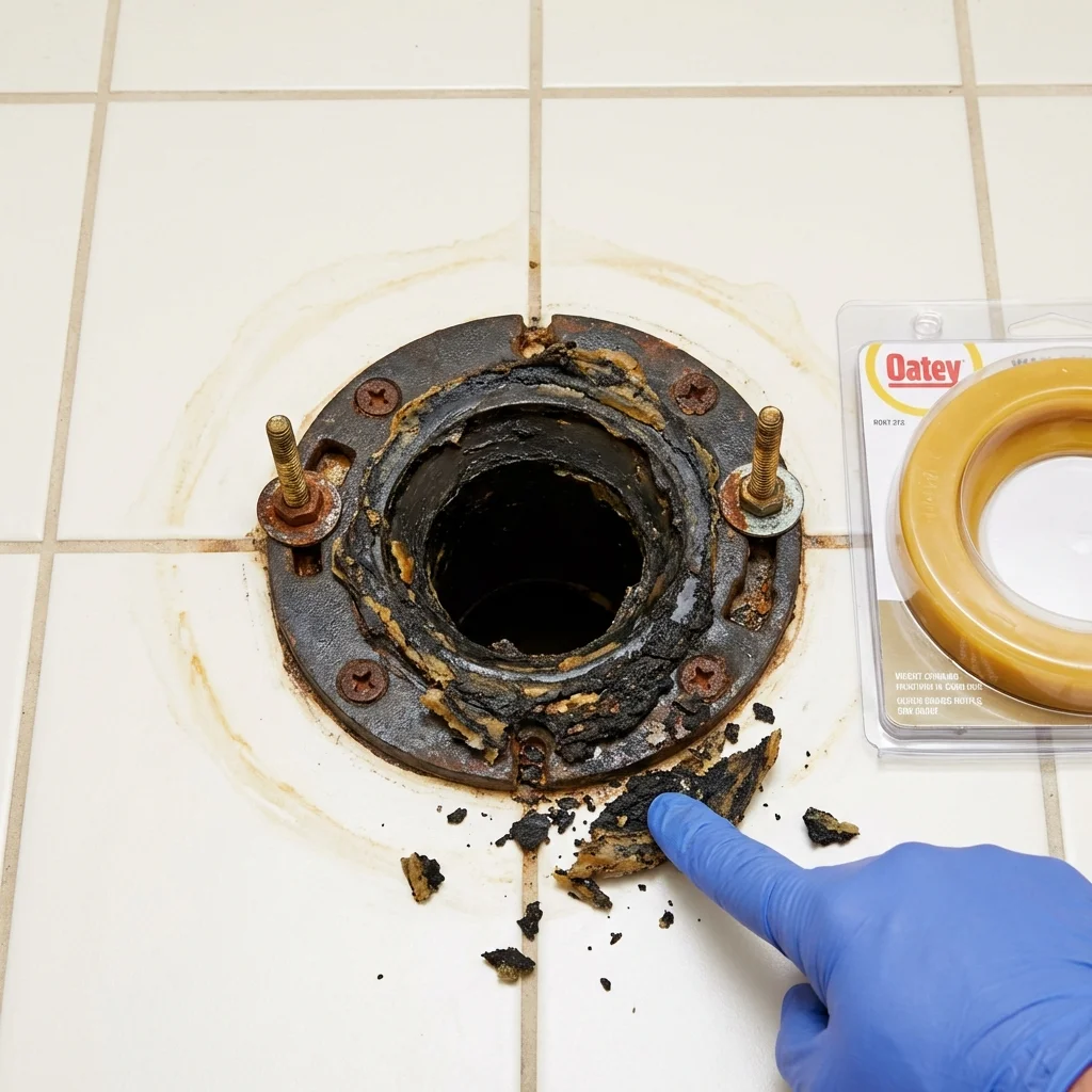 Failed wax ring showing water seepage at the base of a toilet in a Wheaton, IL home