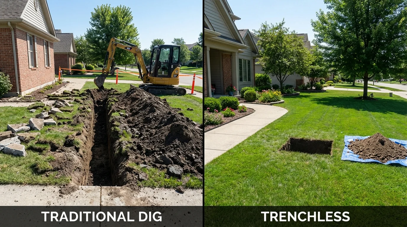 Trenchless sewer repair with minimal yard damage versus traditional excavation in Wheaton, IL