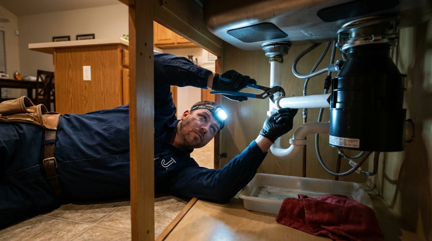 P-trap and supply line connections under a kitchen sink showing a common leak point in Wheaton, IL